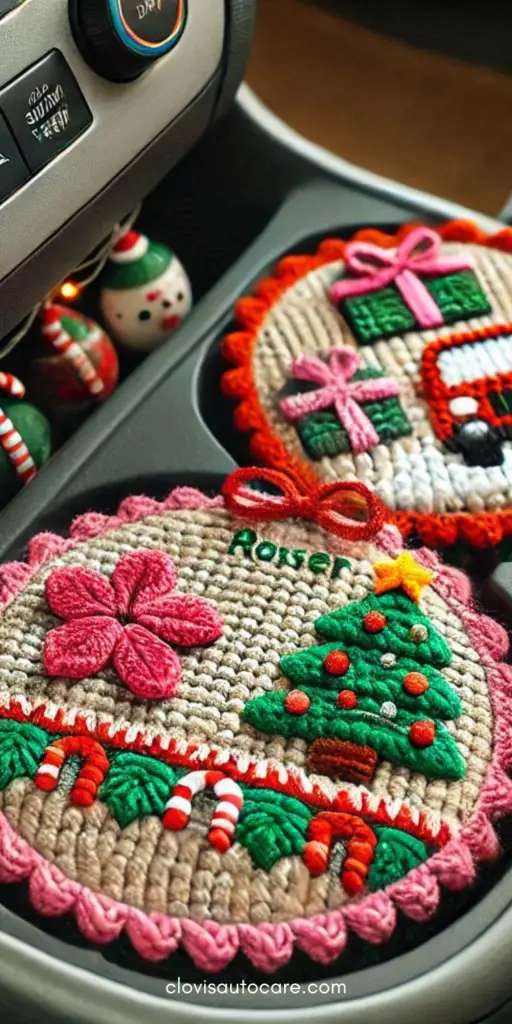 Festively designed crochet car coasters protecting cup holders in a vehicle, beautifully crafted with cheerful holiday patterns and colors