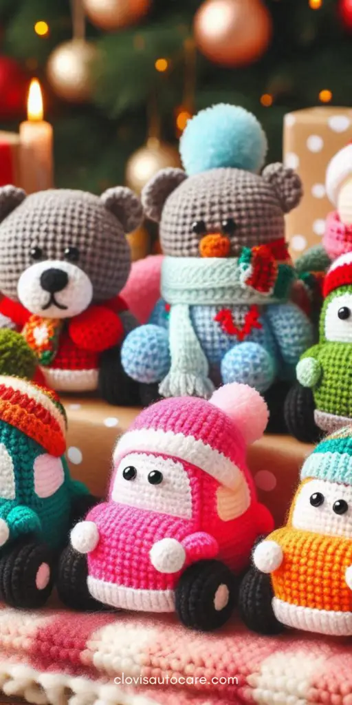 Adorable crochet stuffed toy cars in vibrant colors and playful designs, perfect for kids to play with during car rides, displayed on a cozy blanket