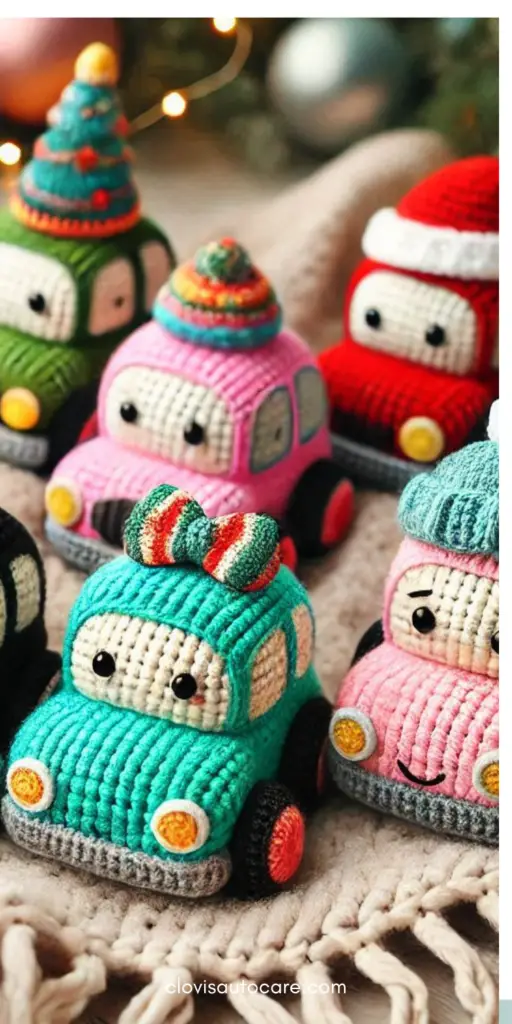 Adorable crochet stuffed toy cars in vibrant colors and playful designs, perfect for kids to play with during car rides, displayed on a cozy blanket