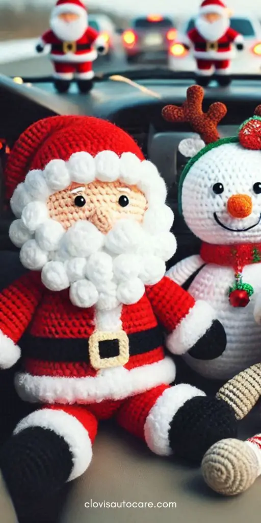 Cute crochet plushies of holiday characters like Santa and snowmen, designed for kids to enjoy in the car, surrounded by holiday decorations