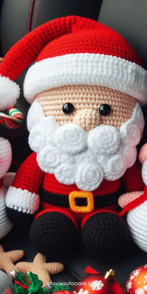 Cute crochet plushies of holiday characters like Santa and snowmen, designed for kids to enjoy in the car, surrounded by holiday decorations