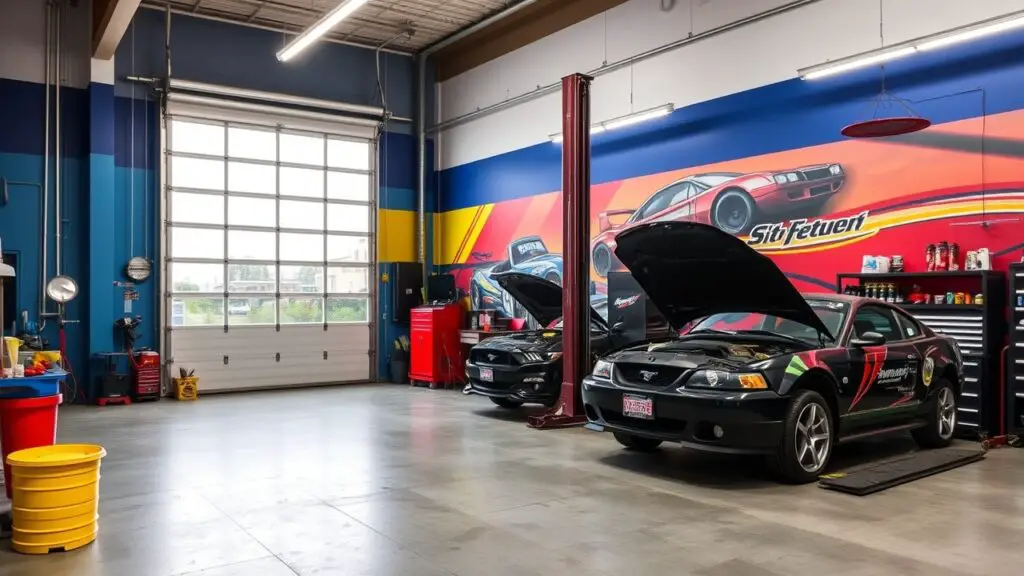 A workshop with vibrant accent walls painted in bold colors or featuring eye-catching murals related to automotive themes. This adds personality to the space.