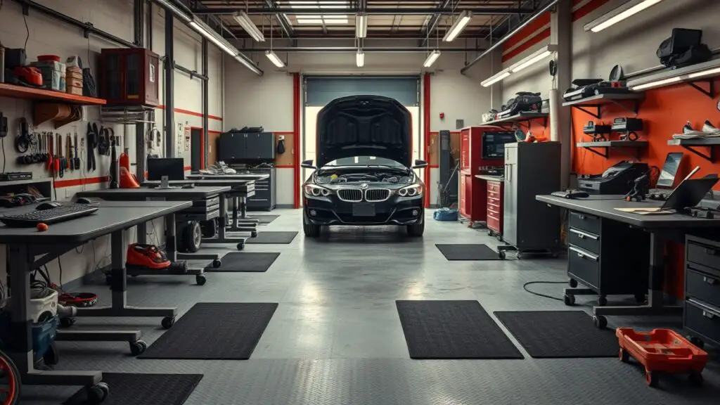 A comfortable workshop with adjustable benches, anti-fatigue mats, and proper lighting. Ergonomic setups reduce strain on mechanics’ bodies, leading to increased productivity.