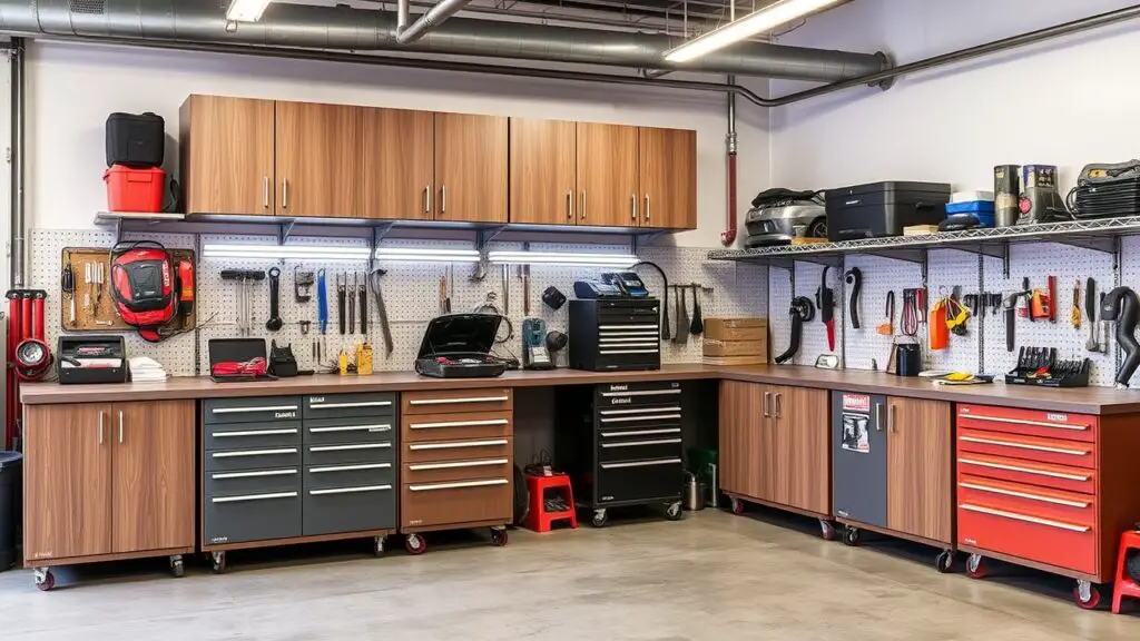 A flexible workshop with modular storage units that can be easily reconfigured as needed. This allows adaptation based on changing inventory or workflow requirements