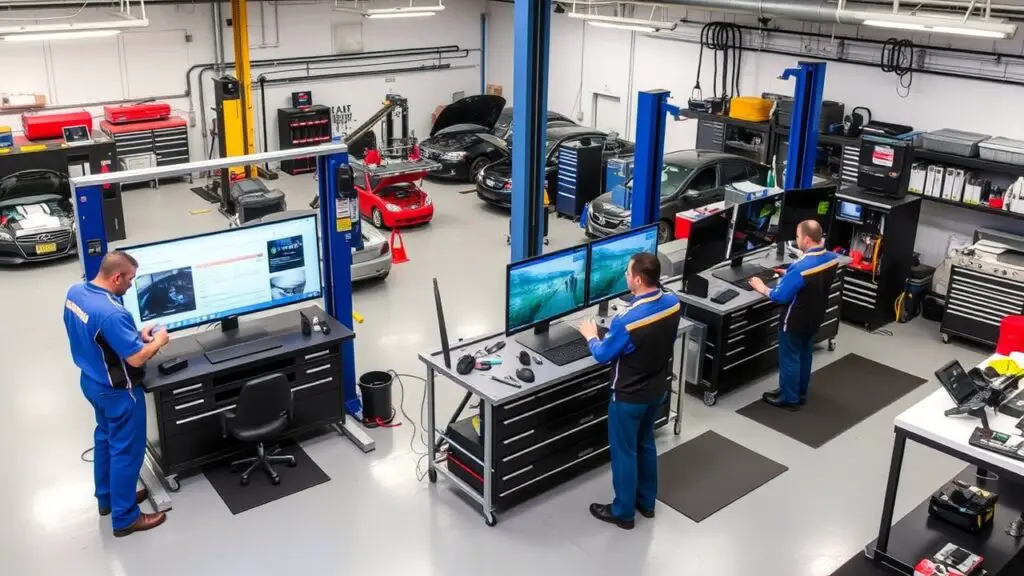 A mechanic workshop featuring interactive training stations where staff can learn new skills and techniques hands-on. The layout includes multiple workstations with hydraulic lifts, tool racks, and organized parts storage. The training stations are equipped with digital screens and tools for practical learning. Continuous education fosters growth and keeps team members motivated and engaged, ensuring excellence in service