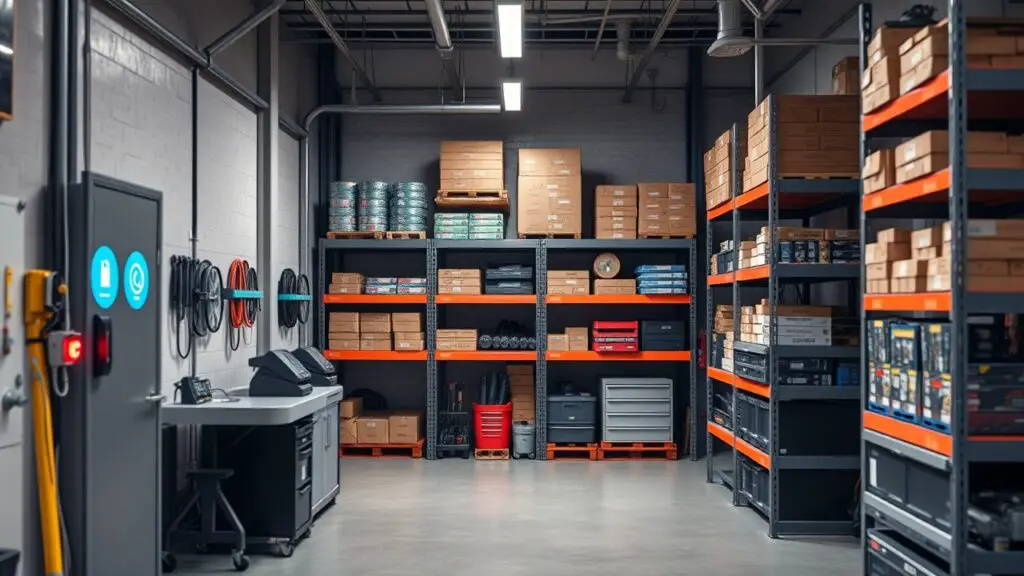 A workshop with smart storage racks equipped with sensors that track inventory levels automatically. This ensures you never run out of essential parts unexpectedly.