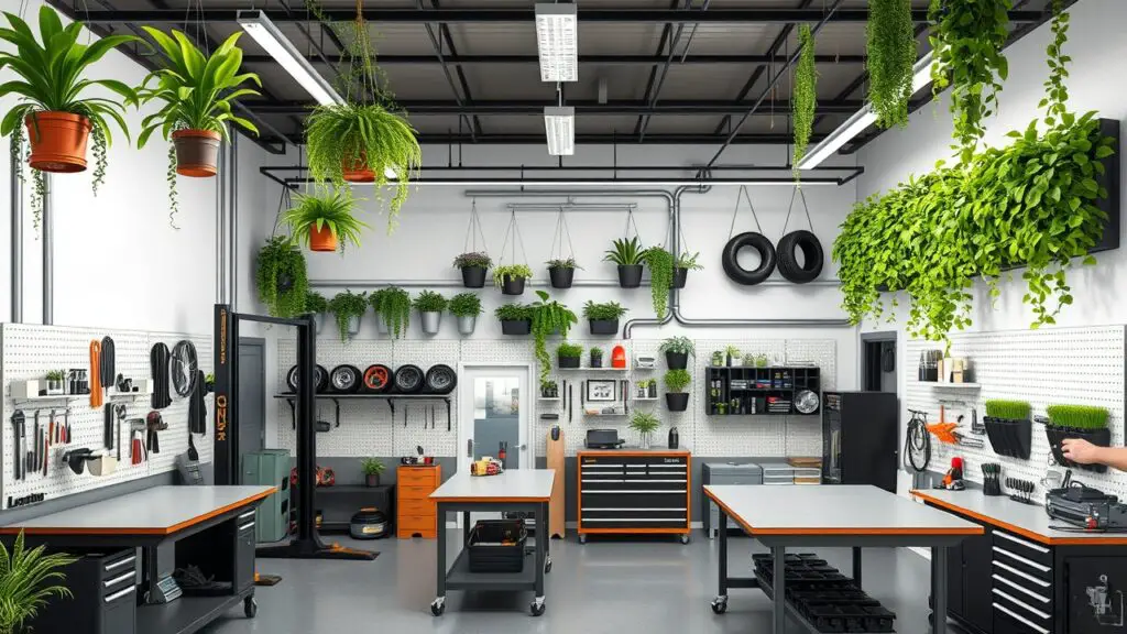 A spacious mechanic workshop layout featuring strategically placed indoor plants that enhance air quality and add aesthetic appeal. The workshop includes multiple workstations with sturdy workbenches, tool racks, and wall-mounted pegboards filled with various tools. Hanging planters are suspended from the ceiling above the workbenches, and a vertical garden is integrated into one wall near the entrance. The workshop also has a hydraulic lift for vehicle repairs, tire racks, and an organized parts storage area. The greenery, combined with the functional mechanic elements, creates a refreshing and inviting environment that is both efficient and eco-friendly.