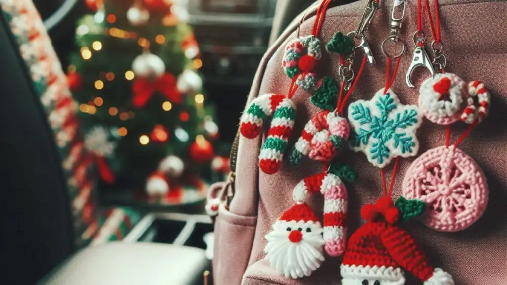 Cute crochet plushies of holiday characters like Santa and snowmen, designed for kids to enjoy in the car, surrounded by holiday decorations