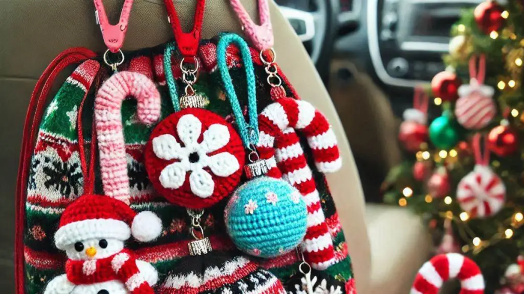 Cute crochet plushies of holiday characters like Santa and snowmen, designed for kids to enjoy in the car, surrounded by holiday decorations