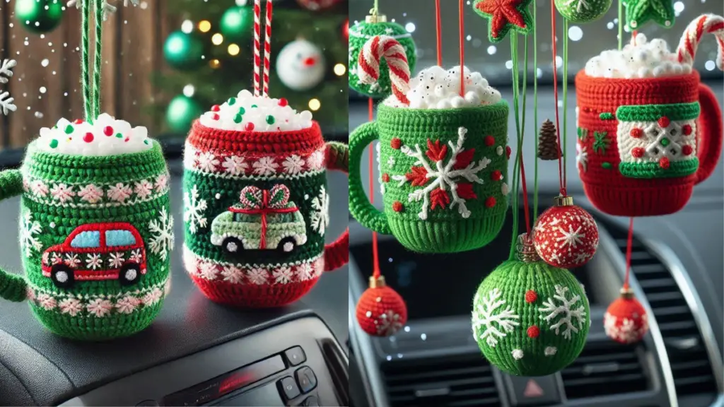 Festive crochet Christmas tree ornaments specifically made for car interiors, showcasing bright colors and fun patterns hanging from the rearview mirror