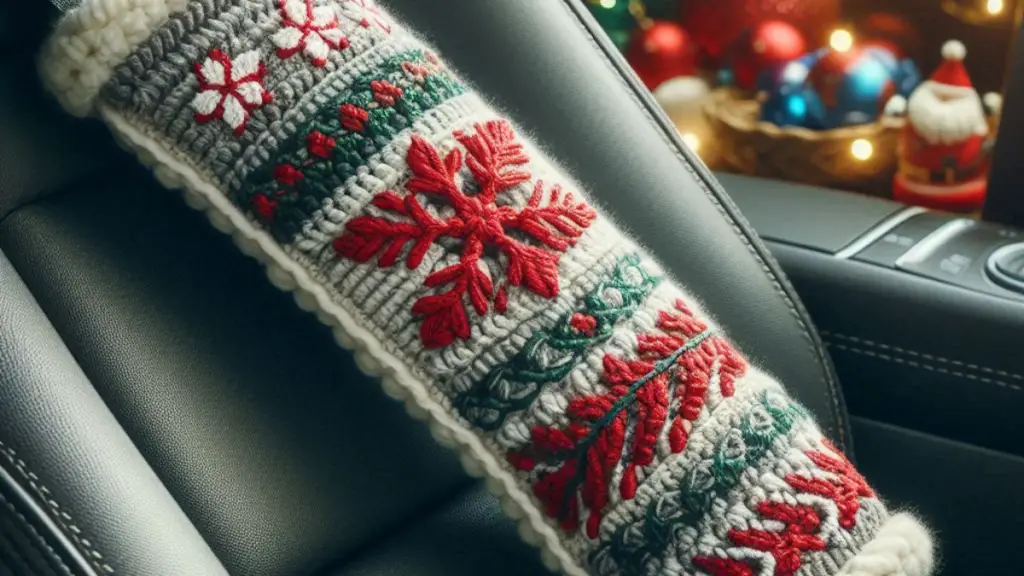 A realistic image of a cozy crochet seatbelt cover adorned with festive patterns, providing comfort and style while driving during the holidays.