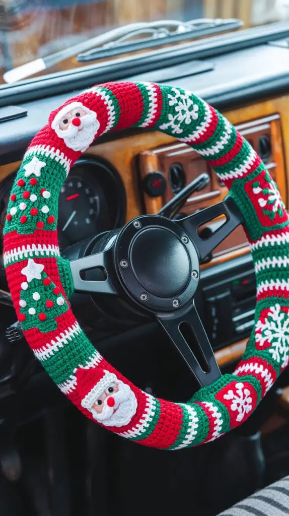 A colorful crochet steering wheel cover featuring holiday designs, enhancing grip and adding personality to the vehicle's interior