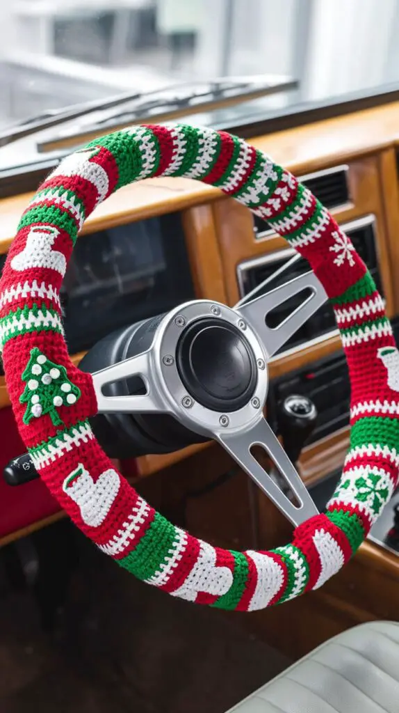 A colorful crochet steering wheel cover featuring holiday designs, enhancing grip and adding personality to the vehicle's interior