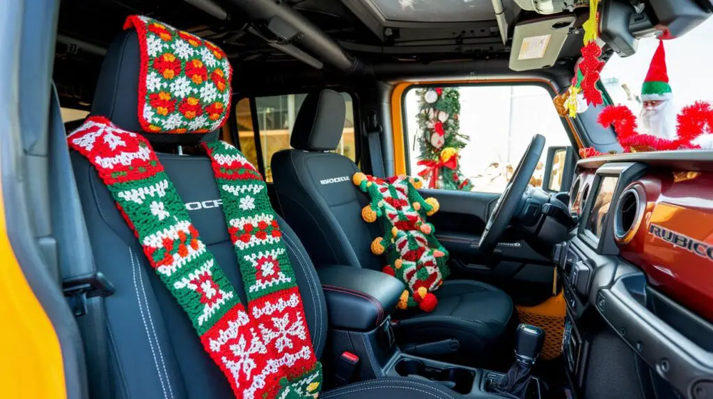 A cozy crochet seatbelt cover adorned with festive patterns, providing comfort and style while driving during the holidays. The interior of the car is bright with colorful Christmas decorations. It's a Jeep Wrangler Rubicon.