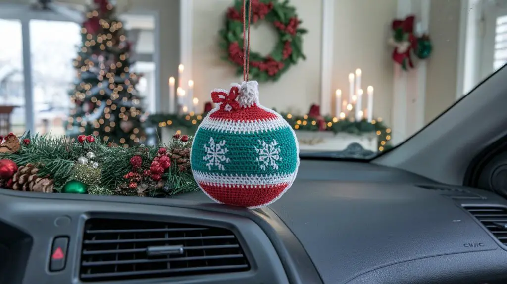 A photo of a 2009 Honda Civic with a charming crochet air freshener shaped like a holiday ornament. The air freshener is placed on the dashboard near a colorful Christmas decoration. The background contains a cozy living room with a Christmas tree, a wreath on the wall, and festive candles.