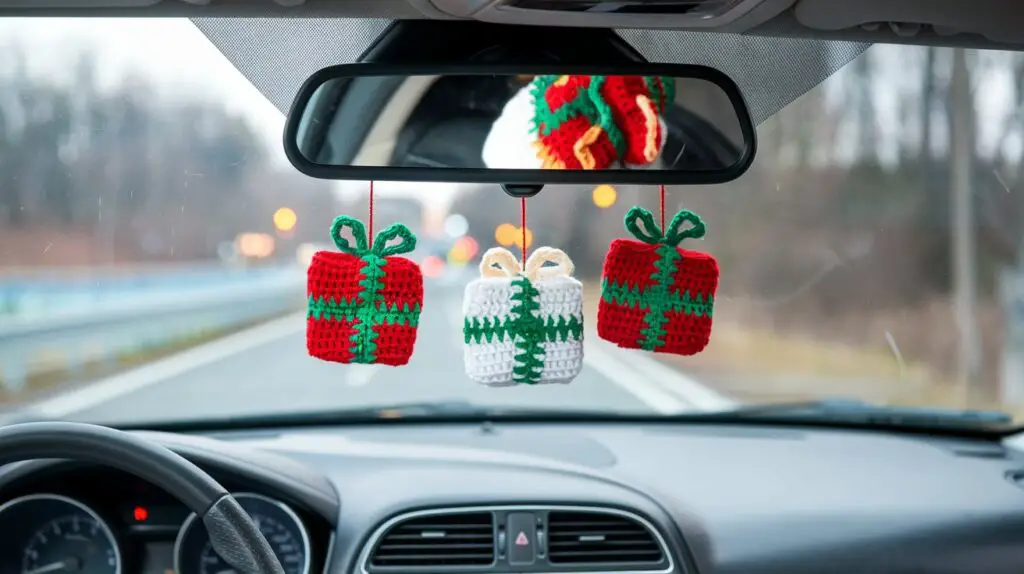 Colorful crochet dangle decorations shaped like stars and snowflakes hanging from various places inside a car, creating a festive atmosphere