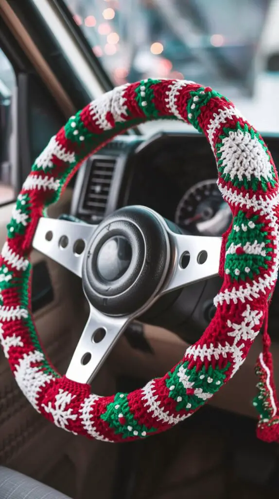 A colorful crochet steering wheel cover featuring holiday designs, enhancing grip and adding personality to the vehicle's interior