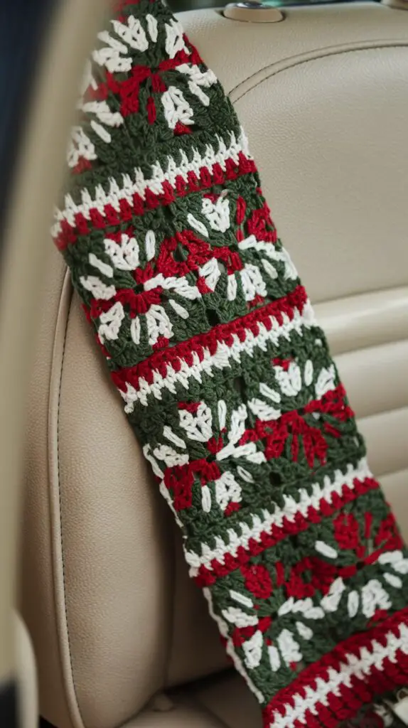 A cozy crochet seatbelt cover adorned with festive patterns and colors, providing comfort and style while driving during the holiday season