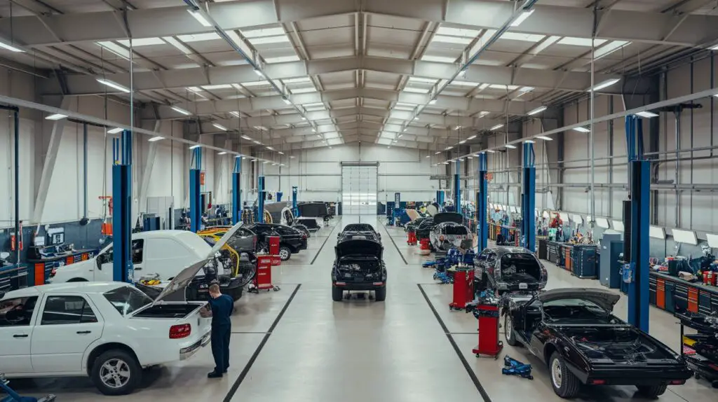 A spacious workshop with an open layout, allowing for easy movement of vehicles and equipment. Mechanics collaborate seamlessly, with a clear view of all activities, enhancing safety and efficiency.