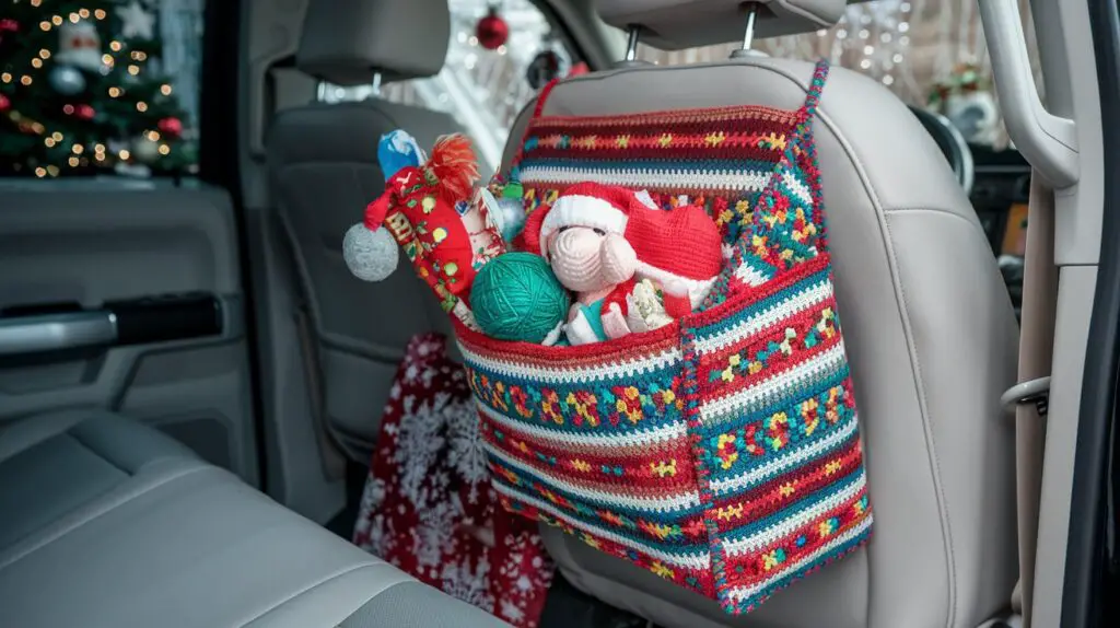 A photo of a stylish crochet car organizer hanging from the back of a seat in a vehicle. The organizer is filled with toys and Christmas wraps in vibrant yarn patterns. The vehicle's interior is enhanced by the organizer. The background contains a Christmas tree and decorations.