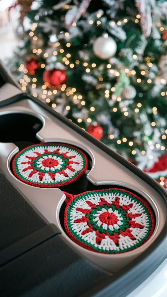 Festively designed crochet car coasters protecting cup holders in a vehicle, beautifully crafted with cheerful holiday patterns and colors