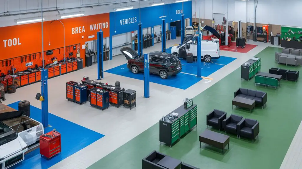 A well-organized workshop with different colors designating specific areas such as tool storage, vehicle bays, and customer waiting areas. This makes navigation easier for both staff and customers.