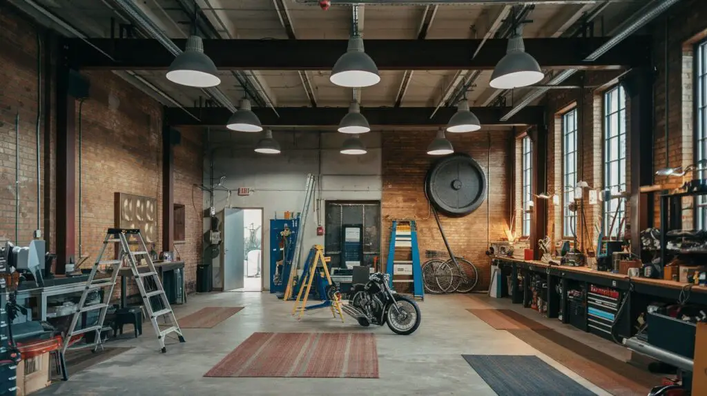 A workshop featuring exposed brick walls, metal beams, and concrete floors. The rugged and stylish aesthetic is both durable and easy to maintain.