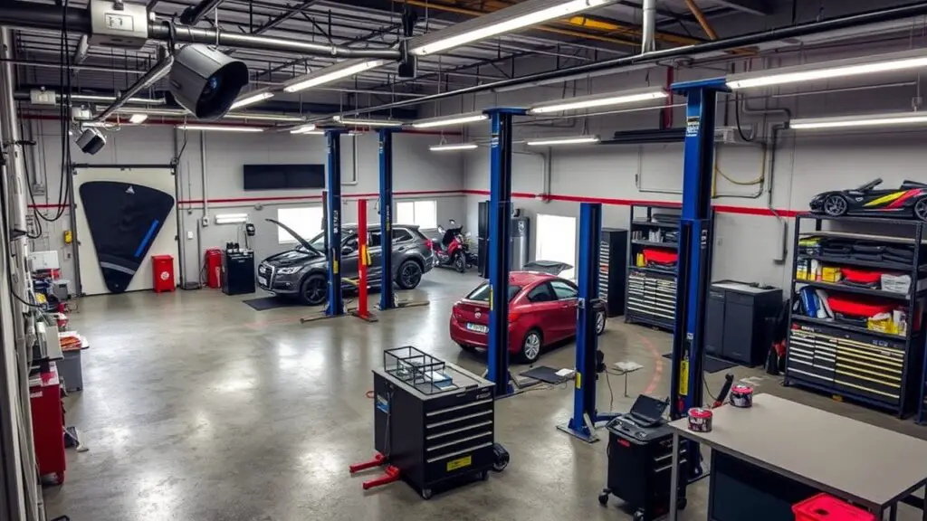 A secure mechanic workshop featuring advanced security systems with surveillance cameras and alarm setups. The layout includes multiple workstations with hydraulic lifts, tool racks, and organized parts storage. The security systems protect valuable assets and provide peace of mind, ensuring the workshop remains safe and secure even after hours.