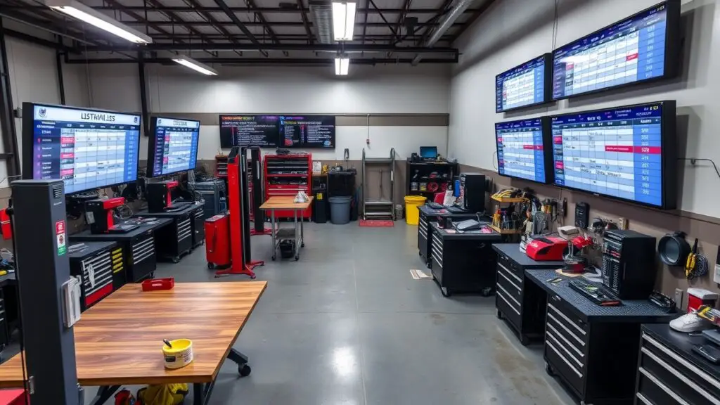 A mechanic workshop featuring digital scheduling boards prominently displayed throughout the shop. These boards provide real-time updates on daily tasks, appointments, and repair progress. The layout includes multiple workstations with hydraulic lifts, tool racks, and organized parts storage. The digital boards ensure everyone stays informed and coordinated, enhancing workflow efficiency and communication