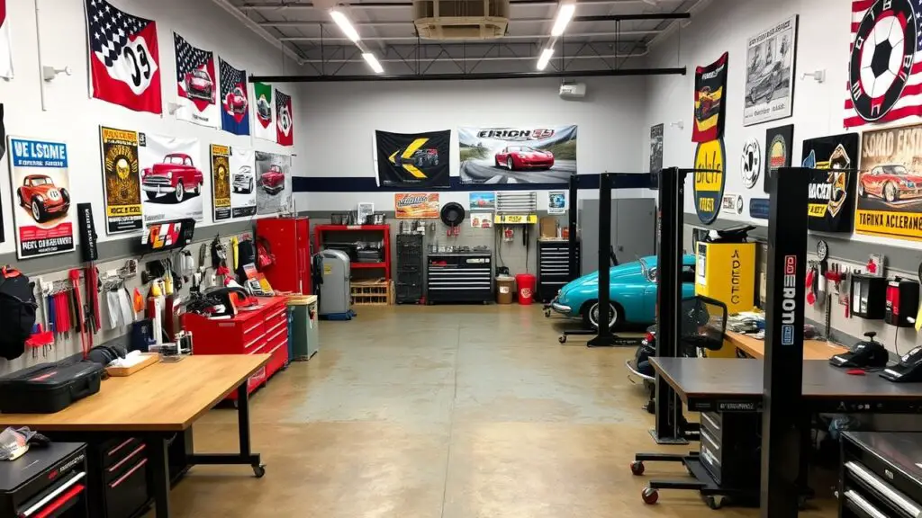 A mechanic workshop with themed decor elements inspired by classic cars and racing culture. The walls are adorned with vintage car posters, racing flags, and memorabilia. The layout includes workstations with sturdy workbenches, tool racks, and hydraulic lifts. These themed decor elements add personality and create a memorable experience for visitors, making the workshop both functional and visually appealing.