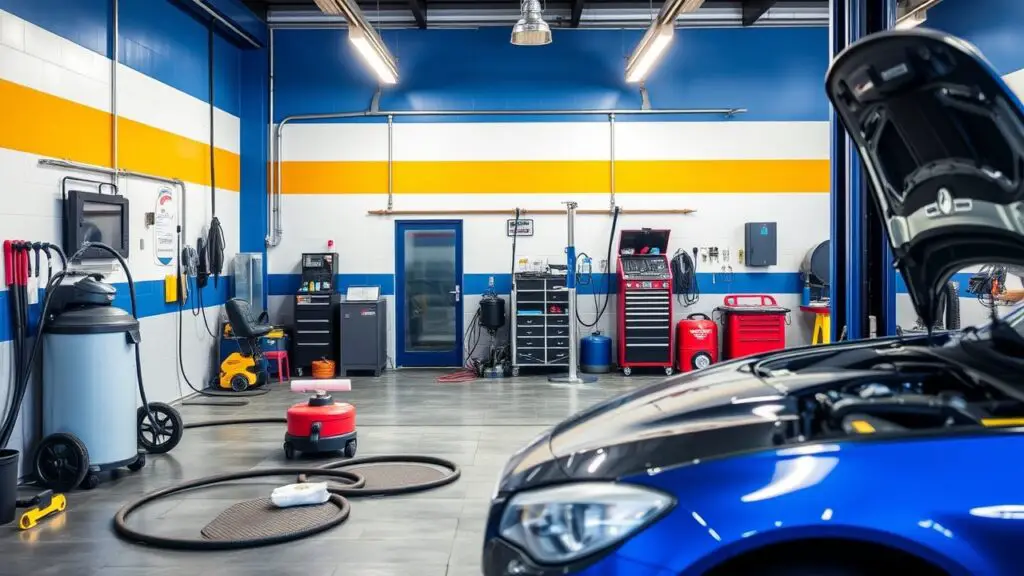 A workshop with a specific area for vehicle detailing equipped with specialized tools like pressure washers, vacuums, and polishing machines. Offering additional services can boost revenue streams.