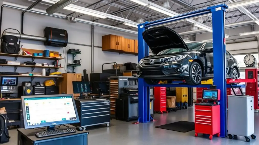 A modern workshop equipped with the latest technology like digital diagnostic tools, computerized inventory systems, and smart lifts. This setup improves service quality and impresses tech-savvy customers.