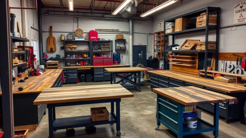 A mechanic workshop utilizing reclaimed materials for countertops and metal shelving units. The layout includes workstations with sturdy workbenches, tool racks, and hydraulic lifts. The use of reclaimed materials adds unique character to the overall ambiance while promoting eco-friendly practices. This combination of sustainability and functionality creates a distinctive and appealing workshop environment