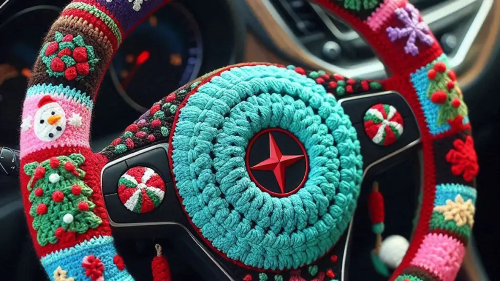 A realistic image of a colorful crochet steering wheel cover featuring holiday designs, enhancing grip and adding personality to the vehicle’s interior.