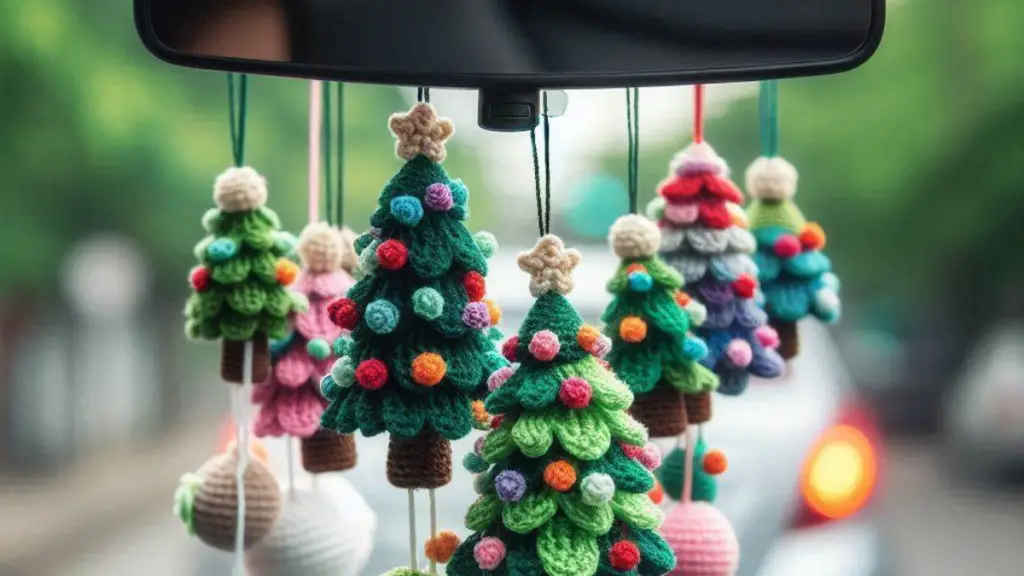 A realistic image of miniature crocheted Christmas trees dangling from a rearview mirror, bringing festive cheer to any vehicle with colorful yarn details