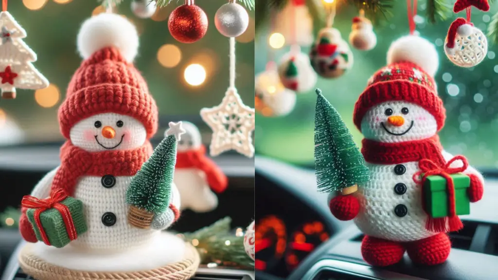 A realistic and festive image of a cheerful snowman figurine dressed in a red knitted hat and scarf, holding a small green Christmas tree and a wrapped gift. The scene is set inside a car with softly focused pine branches and Christmas lights in the background. Additionally, the snowman is surrounded by whimsical crochet car decorations, such as miniature Christmas trees, stars, and other holiday icons, hanging from a car’s rearview mirror and adorning the interior, capturing the essence of Christmas in a car