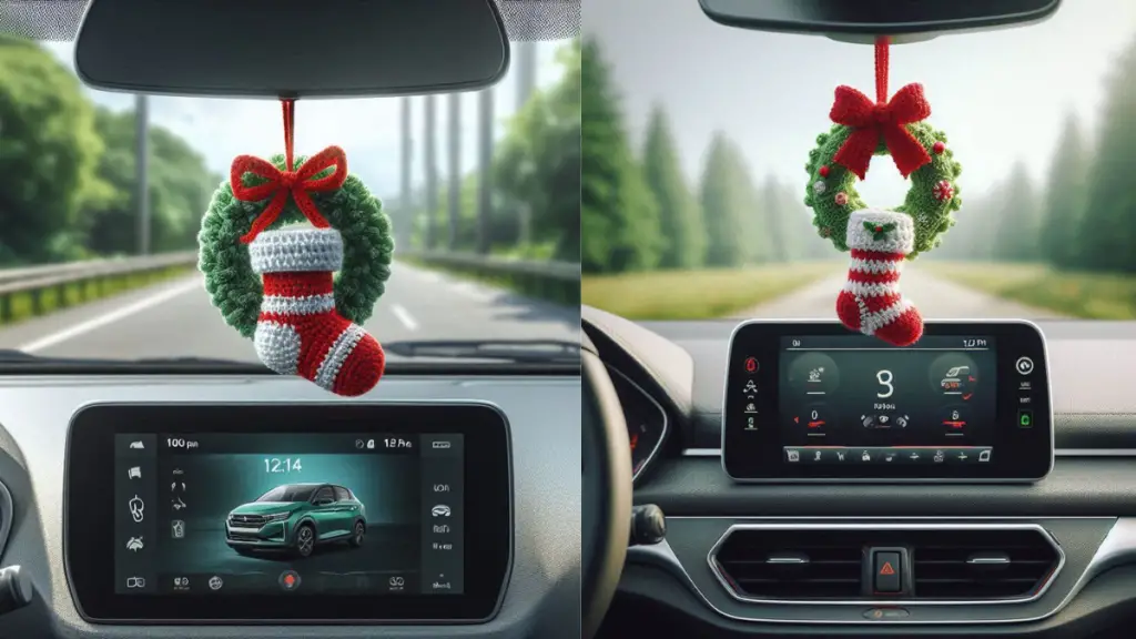 A realistic image of the interior of a vehicle, focusing on a decorative Christmas-themed item hanging from the rearview mirror. This item is a handmade crochet piece combining a small green wreath with a red bow and a white-and-red striped stocking. The background through the windshield shows an outdoor setting with greenery. The dashboard of the car displays various indicators and has a digital clock reading 12:14 PM. Below the clock, there’s an infotainment screen showing that Bluetooth is connected