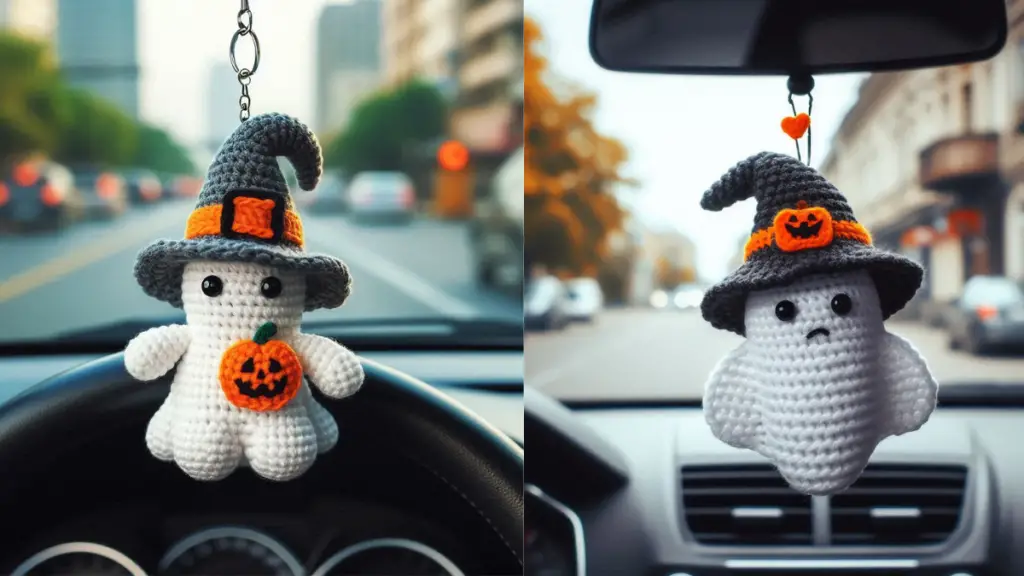 A realistic image of a crocheted keychain hanging from a car’s rearview mirror, designed to resemble a small, cute ghost wearing a witch’s hat with an orange patch, set against the backdrop of a street viewed through the car’s windshield, indicating it might be used as a decorative item for Halloween or as an accessory