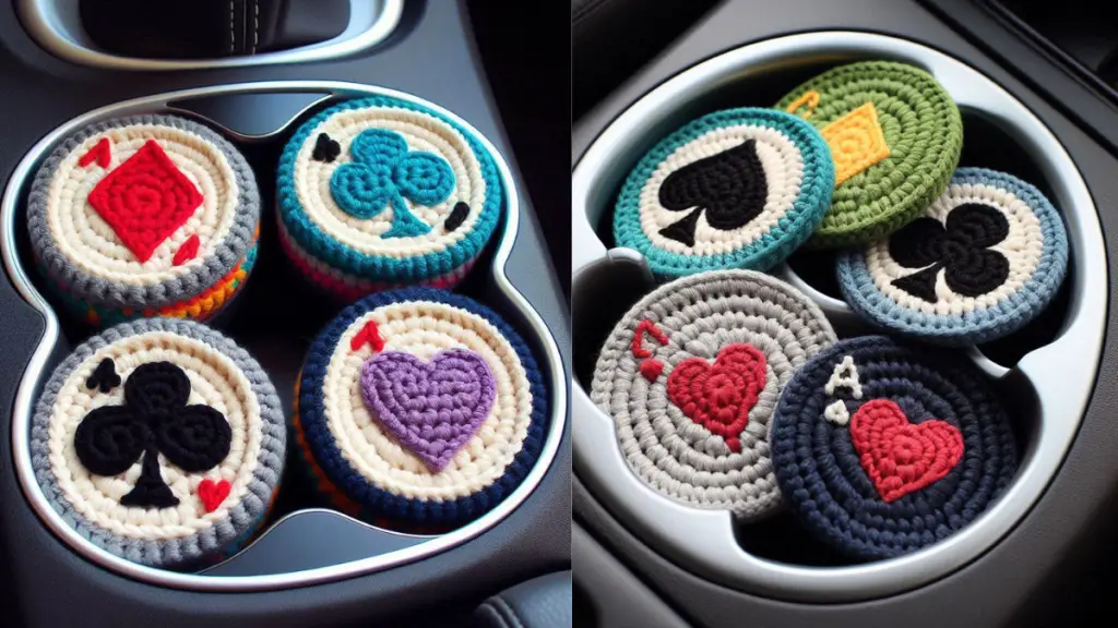 an image of these four crocheted coasters, each with a card suit design (diamond, spade, club, and heart), placed inside a car’s cup holders. The coasters should appear as if they are fitting snugly within the circular space of the cup holders, with one coaster per holder.