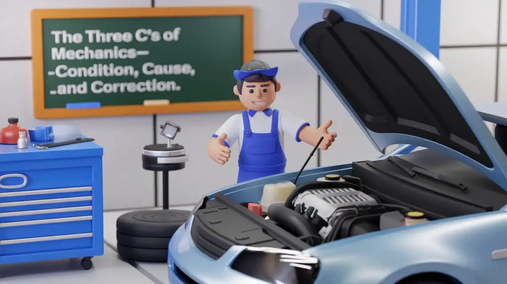 A 3D render of a garage with a mechanic explaining something to a car owner. The mechanic is pointing at the car's engine. There is a chalkboard in the background with the text "The three C's of mechanics—condition, cause, and correction.".