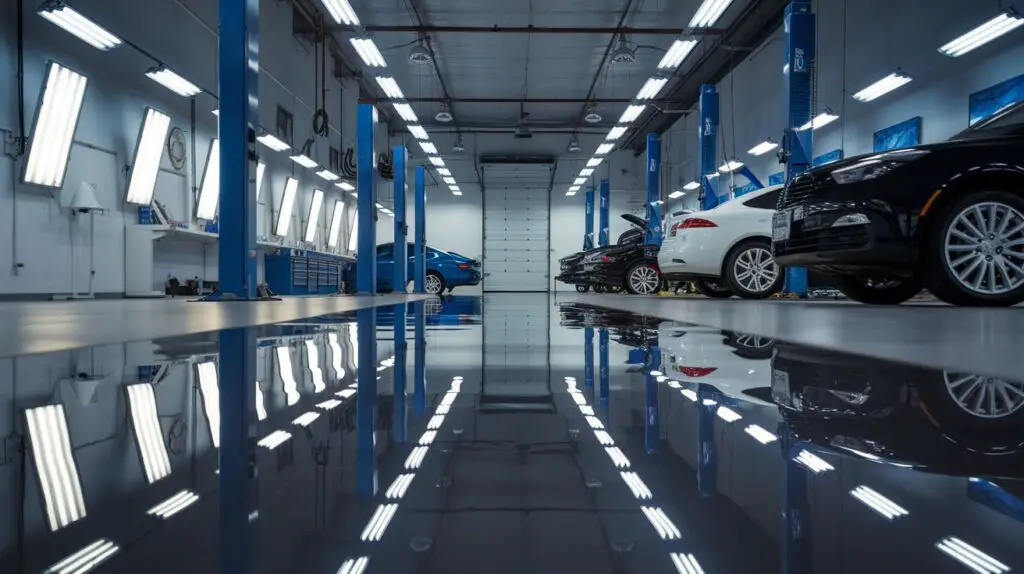 A photo of a car repair shop with reflective flooring and walls. The floor and walls are polished to a high shine, reflecting the bright lights overhead. The lights are mounted on the ceiling and cast a soft glow over the workspace. Several cars are parked in the shop, their shiny surfaces reflecting the lights and the surroundings. The walls are adorned with tools and equipment. The overall ambiance is bright and clean.