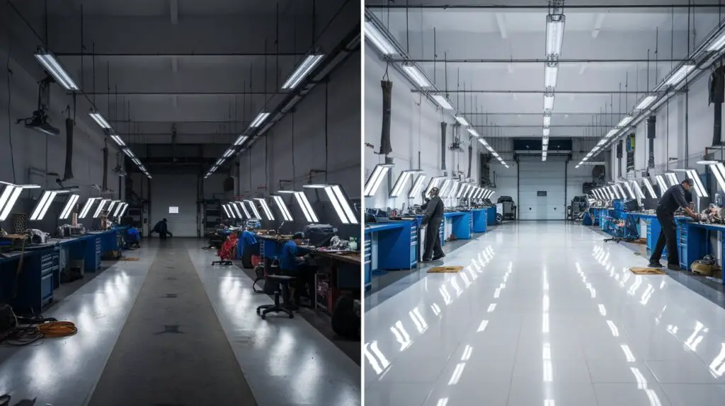 Before:  This is a photo of an auto repair shop in Mumbai with dim lighting. The workspace is cluttered with tools and equipment. The lack of adequate lighting creates shadows, making it difficult to see clearly. Mechanics are seen working slowly, indicating frequent delays in repairs.  After:  A photo of the same auto repair shop after switching to LED lighting and adopting reflective flooring. The workshop is now brightly lit, with even illumination throughout the space. The reflective flooring enhances the brightness, making the area look more spacious and organized. Tools and equipment are neatly arranged, and mechanics are working efficiently. The overall aesthetic is professional, showcasing a significant improvement in the workshop's functionality and appearance.