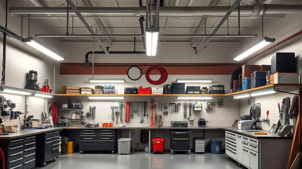 An image showing a car repair shop with strategically placed lights above workbenches and storage areas. The lighting ensures easy access to tools and a well-lit workspace. The layout is spacious and organized, inspired by big garage interior ideas