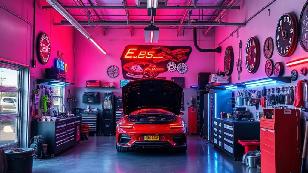 An image of a car repair shop featuring unique elements like neon signage and LED strips. These additions elevate the auto shop aesthetic, creating a visually appealing and modern workspace. The design incorporates elements from dream garage man cave designs, such as gear-themed decor and customized wall art.