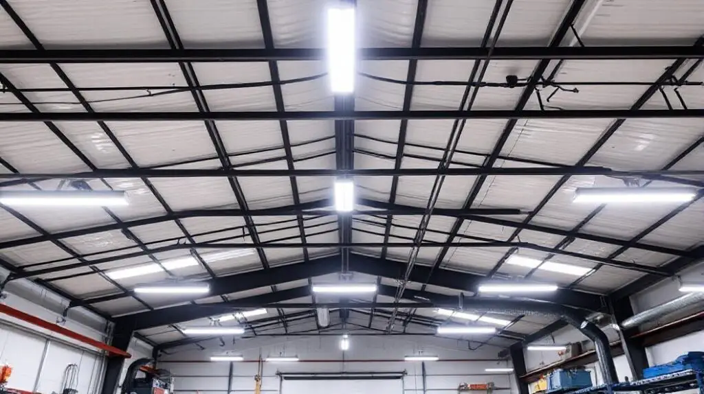 The image shows the interior roof of a modern workshop, featuring high-lumen lights. The lights are strategically placed to ensure even illumination throughout the workspace. The bright lighting highlights the clean and organized environment, making it easy to see every detail. The ceiling design includes industrial elements, such as exposed beams and ducts, adding to the workshop's modern aesthetic.