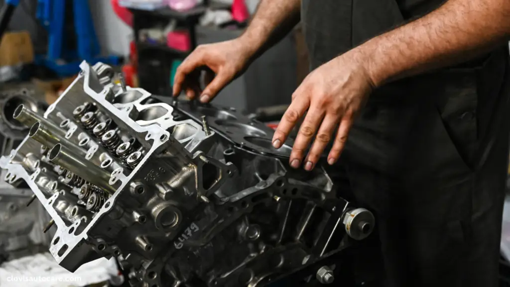 car engine components in a mechanic garage. 