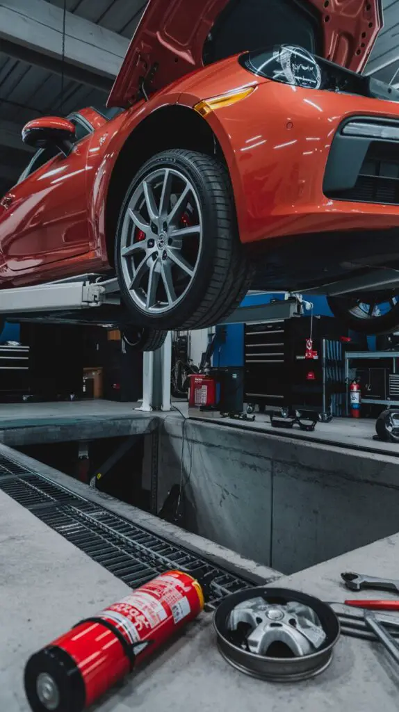 A car is lifted above an inspection pit in a garage, showcasing the underbody with tools and equipment around.