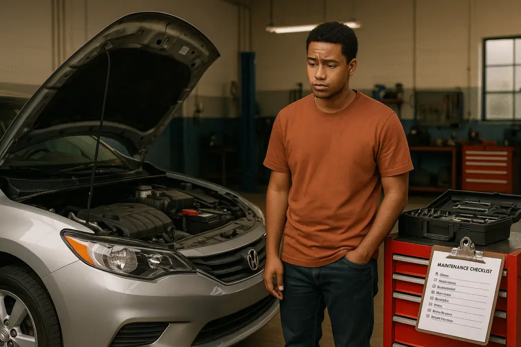 A young man with medium brown skin and short curly hair stands beside a silver car with the hood open, looking curious and slightly overwhelmed. He wears a rust-orange T-shirt and dark jeans. Next to him is a red toolbox with a visible maintenance checklist and an open black tool case. The scene takes place in a clean, organized auto workshop, conveying a sense of learning and responsibility in vehicle ownership