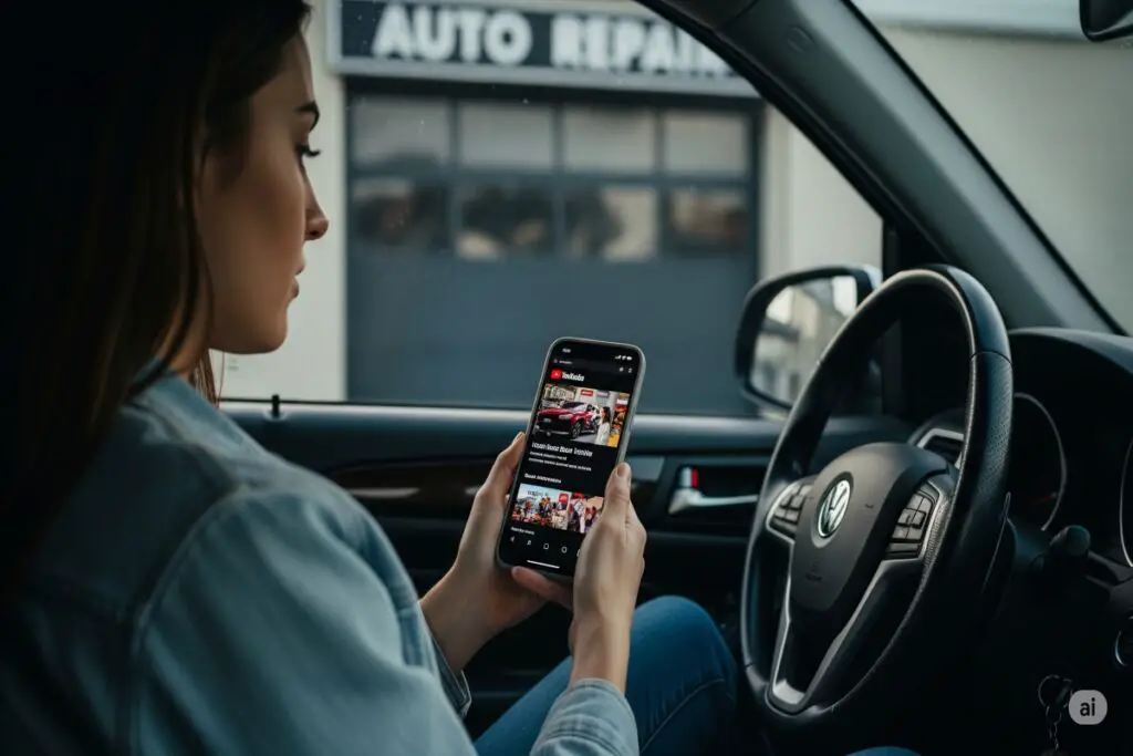 a woman sitting in the driver's seat, watching car repair videos on YouTube.
