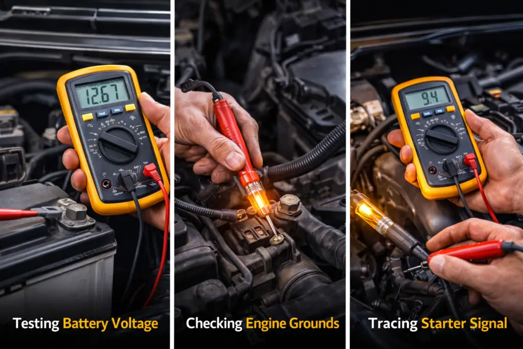 Electrical No‑Start Diagnosis with a multimeter, tester.